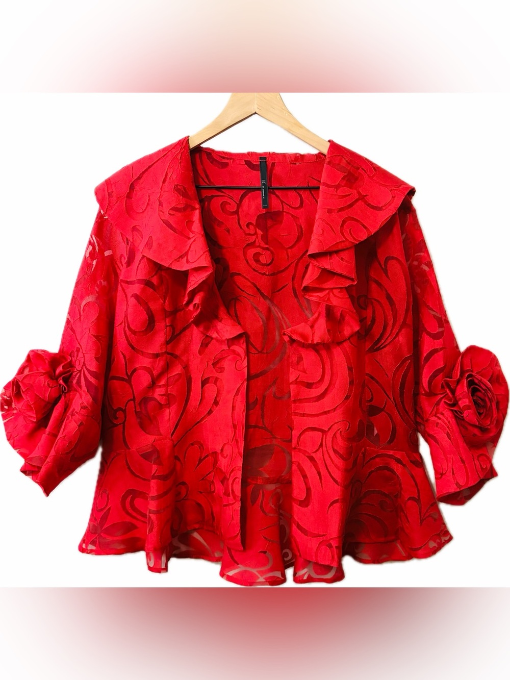 I.C By Connie K Red Evening Jacket Lace Ruffled Collar 3/4 Sleeve